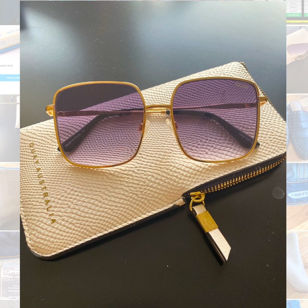 Quay Square Gold Rimmed Sunglasses with White Croc Zip Case